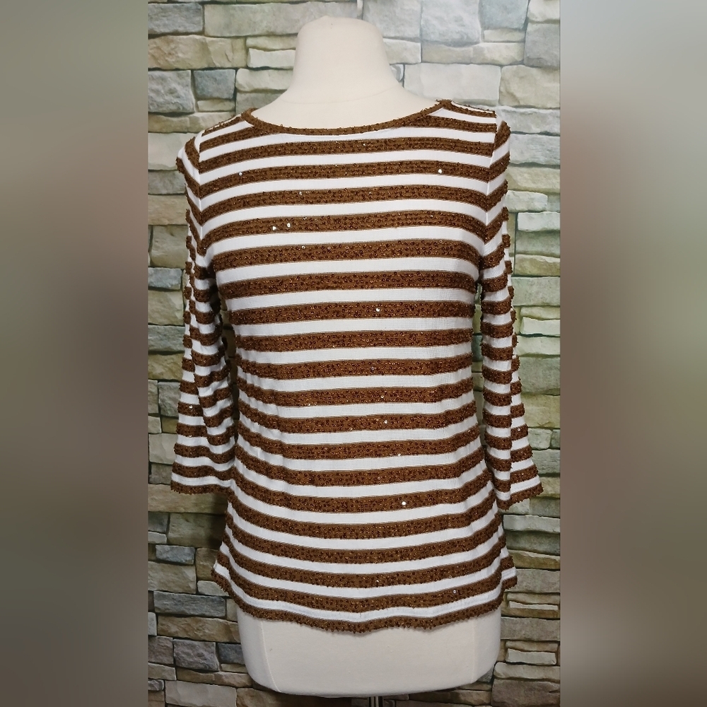 Womens Talbots Striped Sequined Blouse Top Brown White